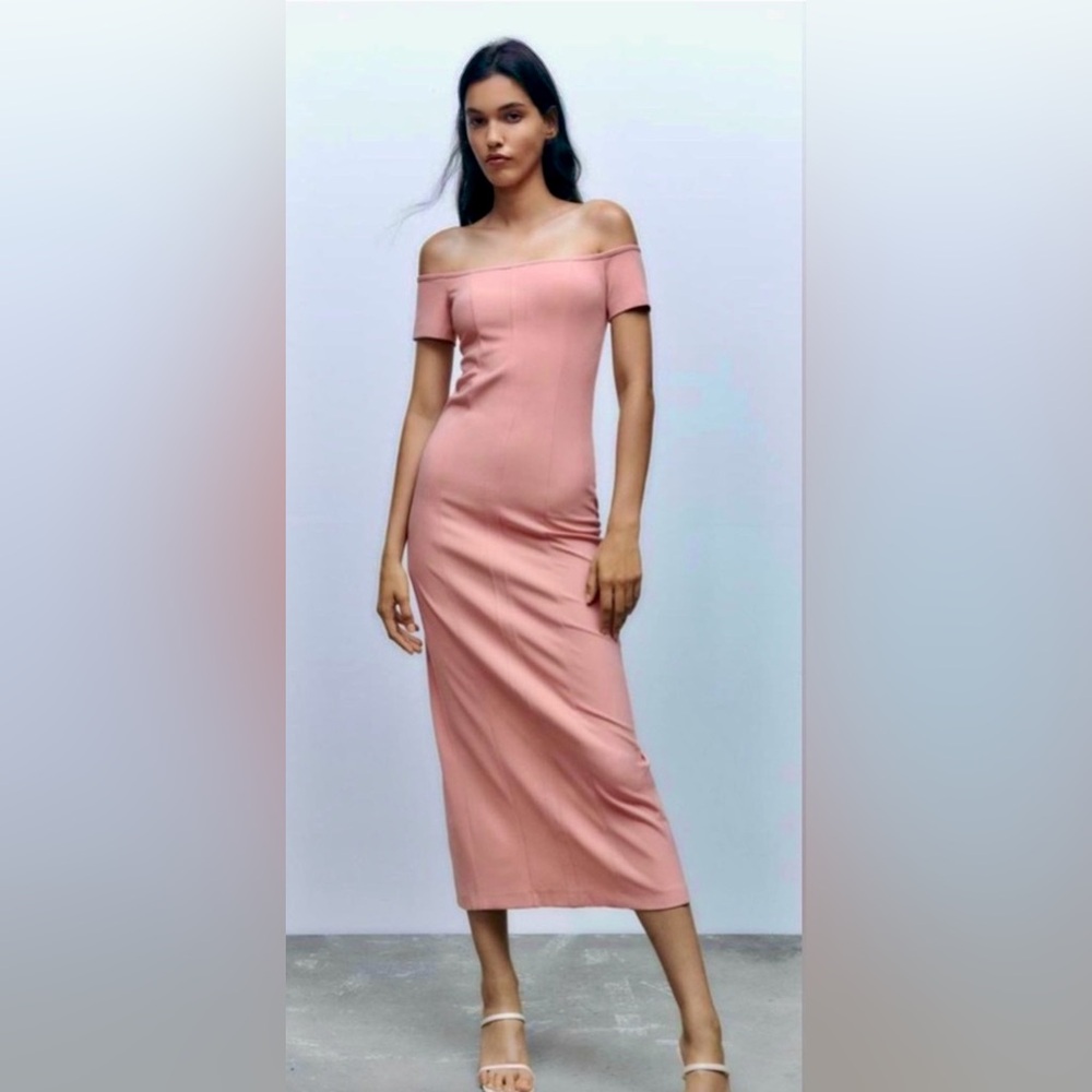 NWT Zara Top Stitched Off the Shoulder Fitted Midi Dress Rose Pink Size XS